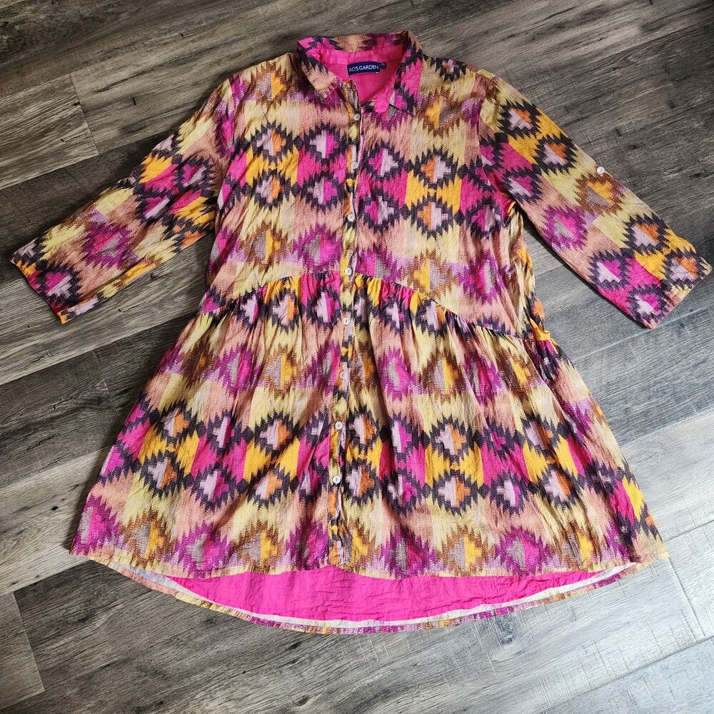 Anthropologie Ro's Garden Deauville Button-Front Mini Dress Pink Yellow Summer